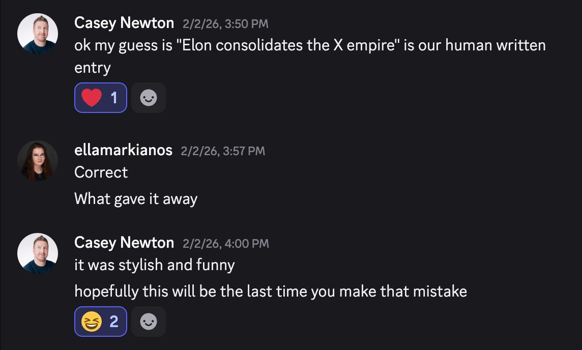 Screenshot of a Discord interaction between Ella and Casey in which Casey guesses correctly which brief was written by Ella