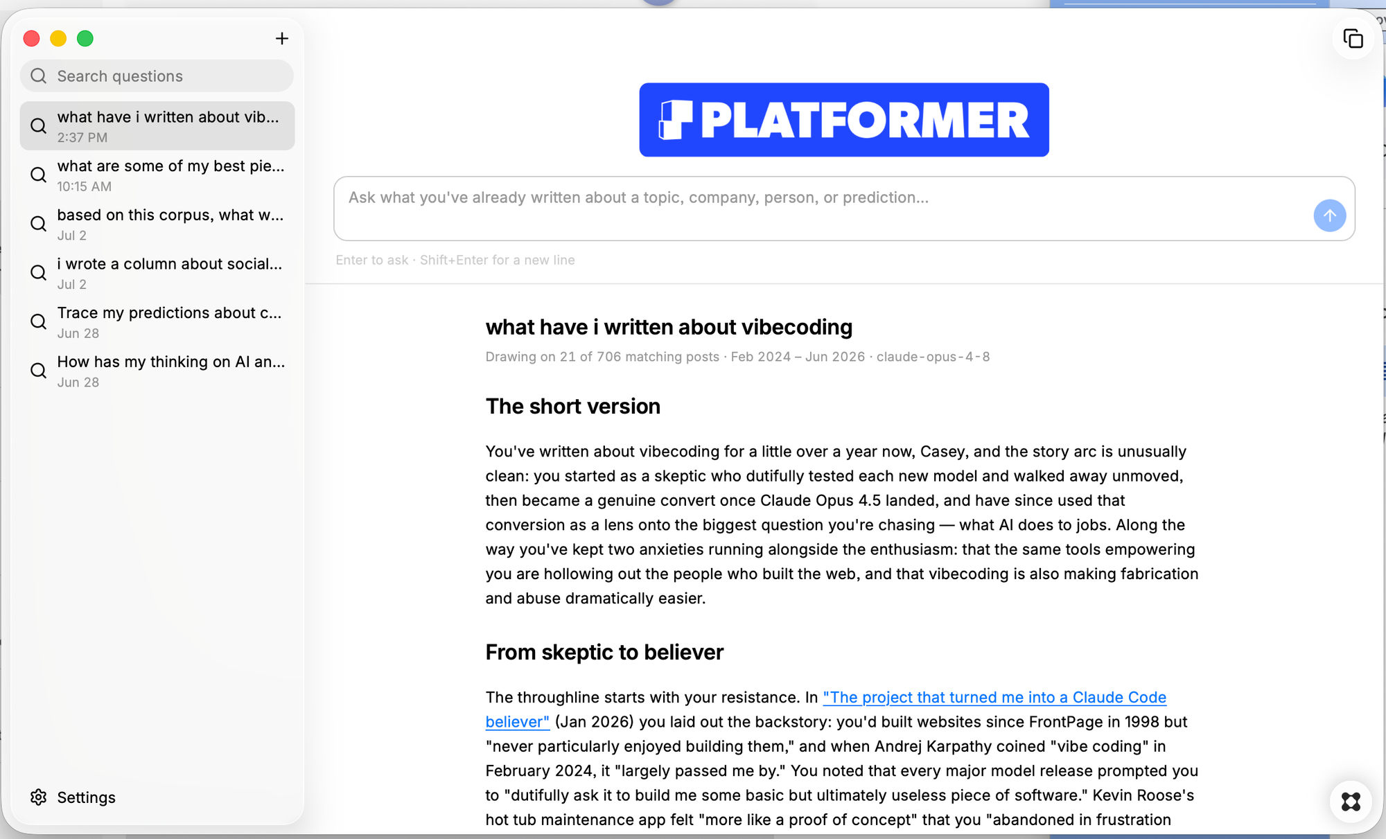 Screenshot of an app with a box for typing queries and an AI-generated response to the question 'what have i written about vibecoding'