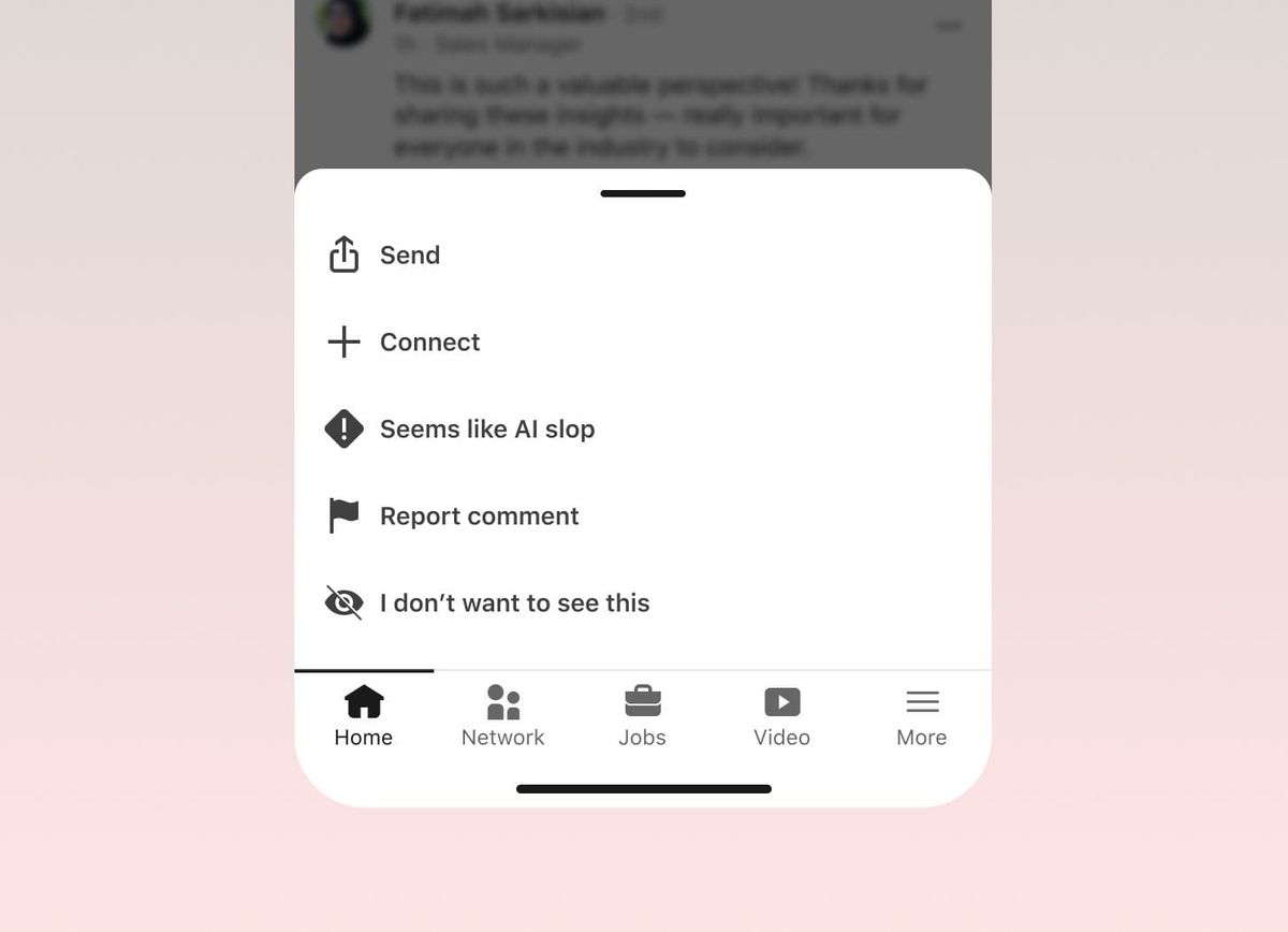 A screenshot of a phone showing LinkedIn's new "Seems like AI slop" reporting feature