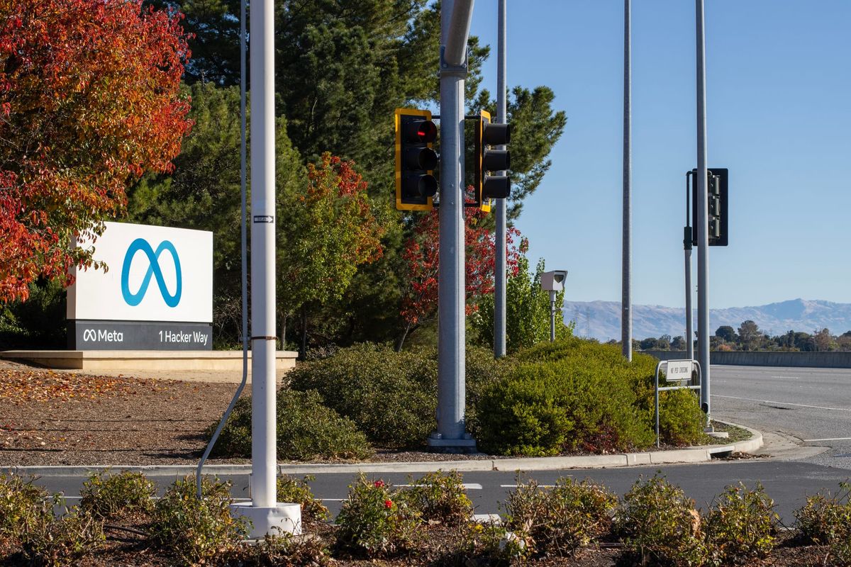 The Meta sign at 1 Hacker Way in Menlo Park