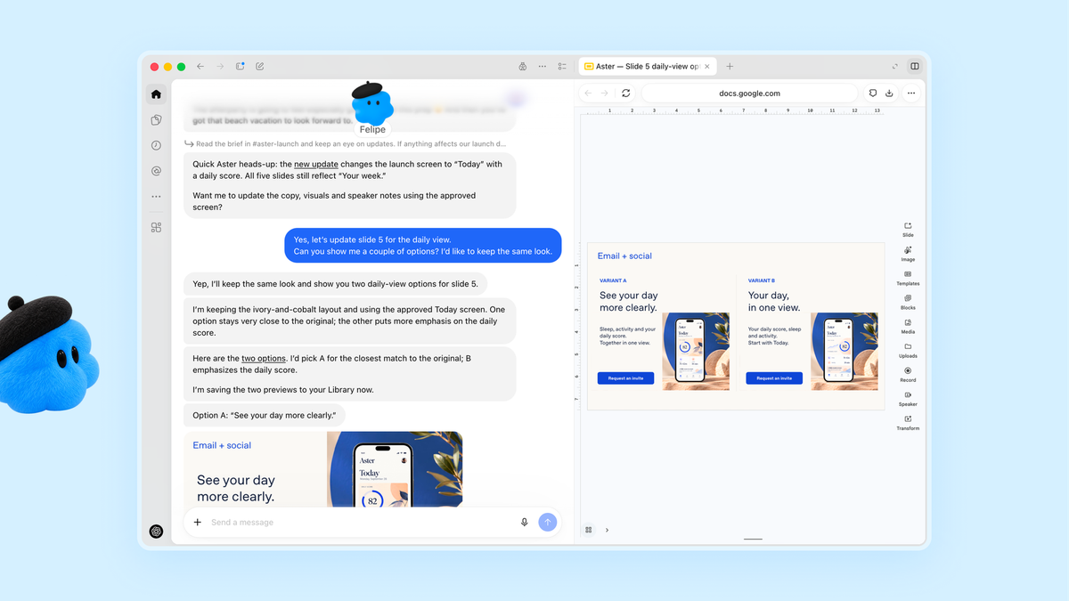 An OpenAI Dot named Felipe updates marketing slides in response to user questions