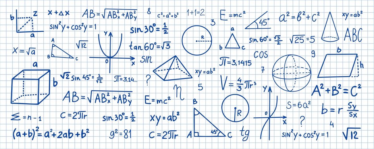 Mathematical symbols drawn by hand on grid-lined paper