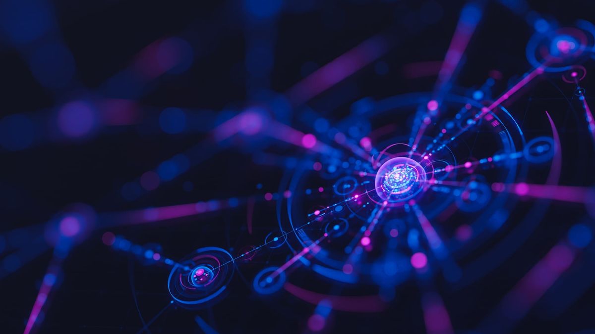 Abstract digital image of purple and blue nodes radiating out from a central hub