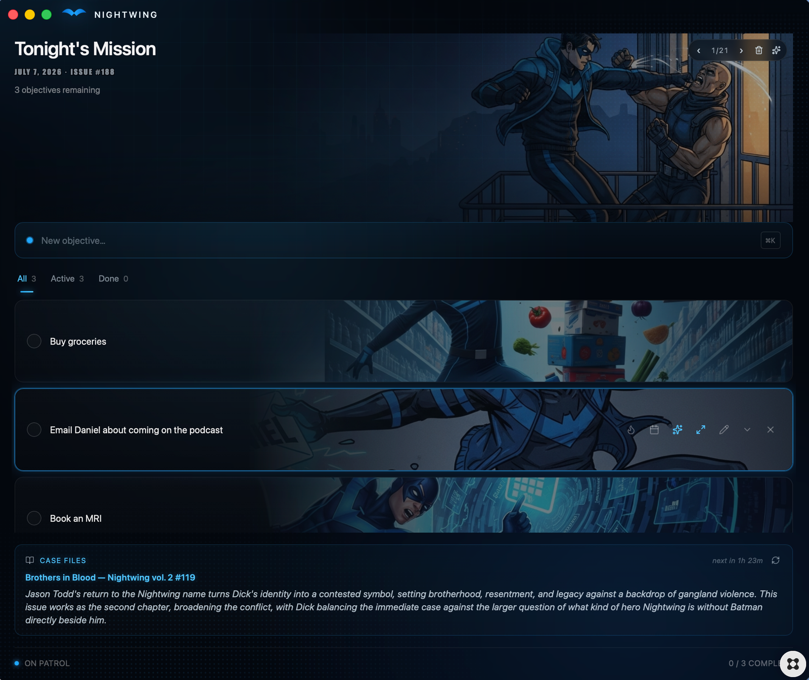 Screen shot of a Nightwing-themed to-do app with illustrated entries for buying groceries, email, and more 
