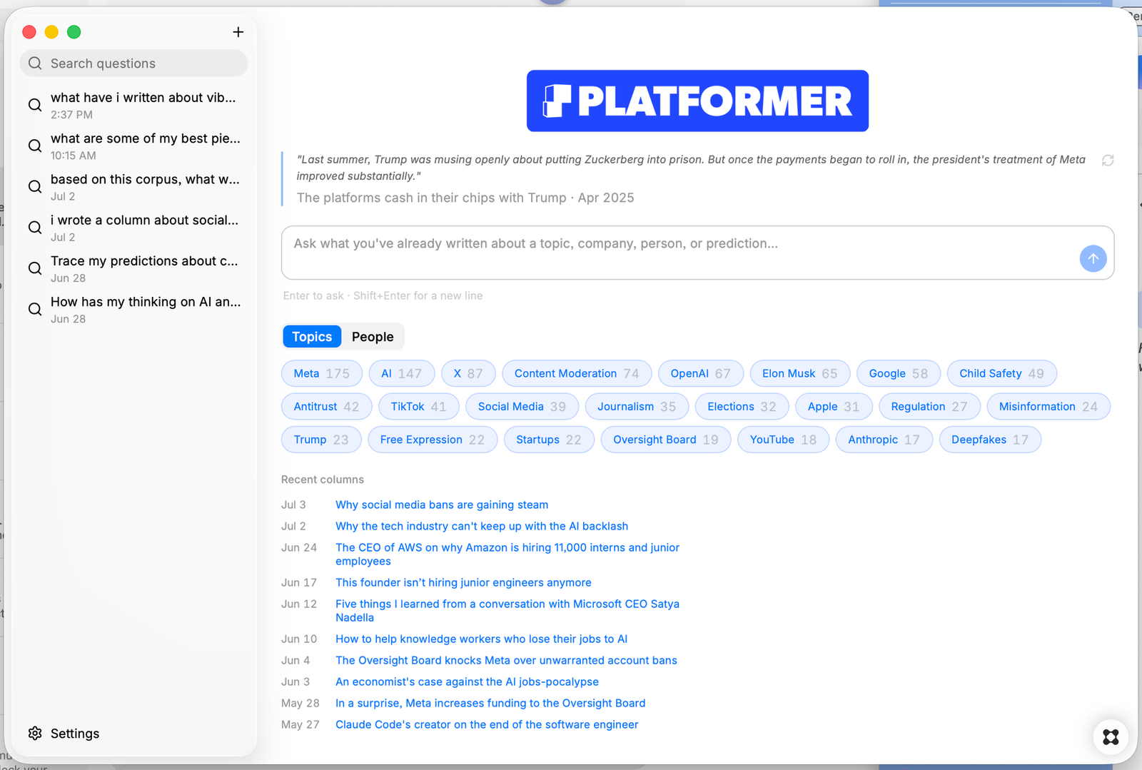Another screenshot of the Platformer app showing topic and people chips, plus an RSS feed of recent columns