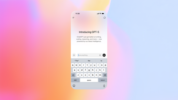 The GPT-5 user interface shown on a smartphone layout, against a gradient backdrop.
