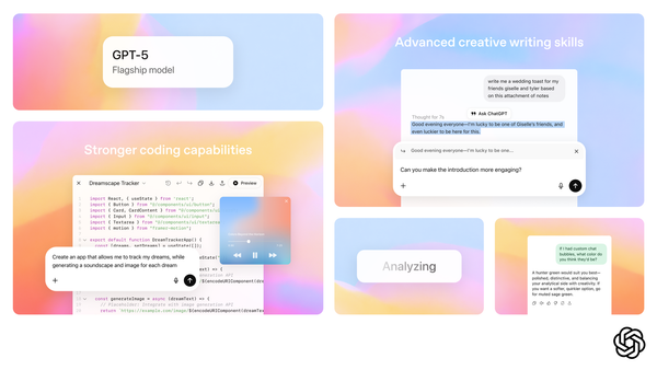 A grid of images showing GPT-5 at work, including coding and editing.