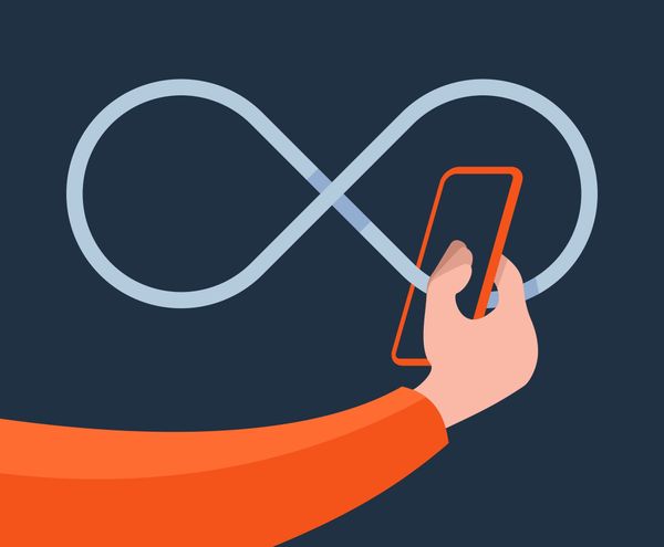 Illustration of a hand holding a smartphone with an orange border with a blue infinity symbol resembling the Meta logo looping through it