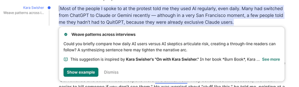 A screenshot of Grammarly showing Swisher's AI-generated advice