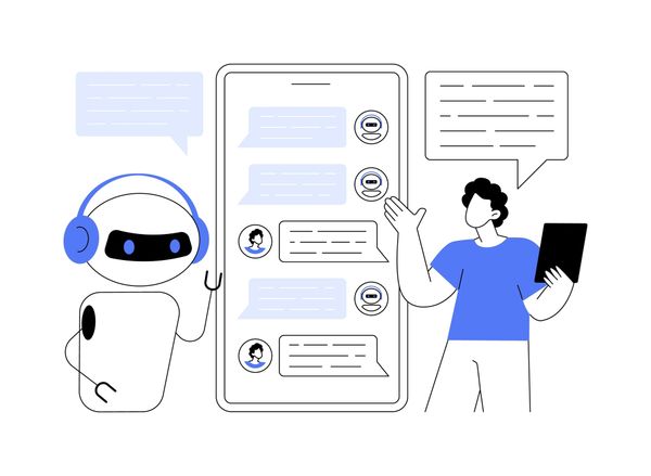 Vector drawing of a robot and man talking to one another with an oversized smartphone in between them showing their conversation