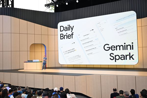 A photo of the Google I/O keynote on Tuesday showing the Daily Brief and Gemini Spark
