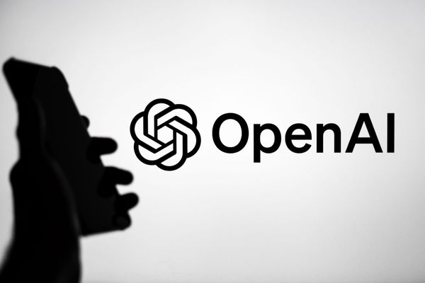 A smartphone held up in silhouette against a white background with the OpenAI logo and wordmark on it