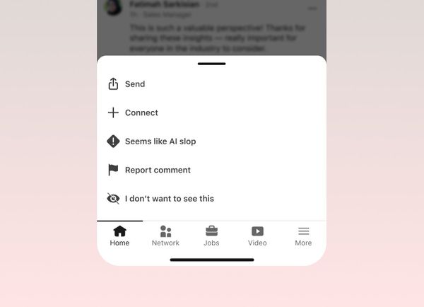 A screenshot of a phone showing LinkedIn's new "Seems like AI slop" reporting feature