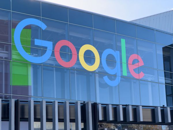 The Google wordmark seen on a building in Mountain View, CA.