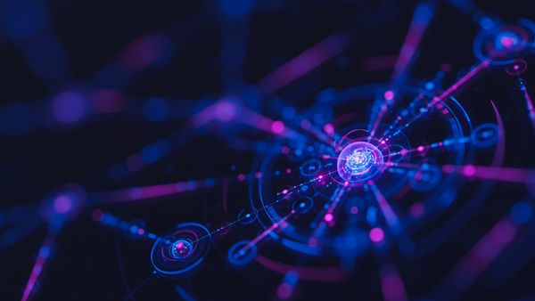 Abstract digital image of purple and blue nodes radiating out from a central hub