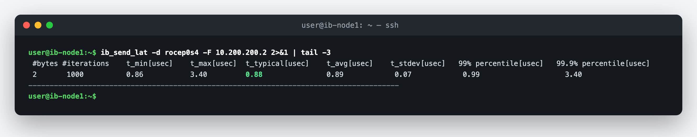 ib_send_lat output showing 0.88 microseconds typical latency over the same RoCEv2 link