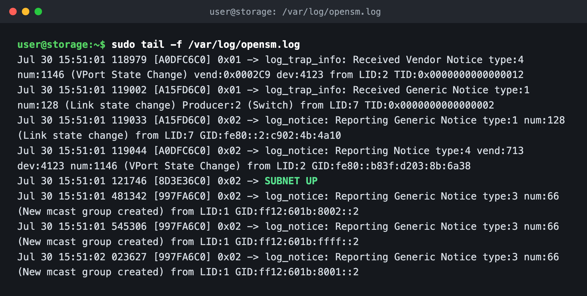 opensm log showing link state change trap, multicast group creation and SUBNET UP