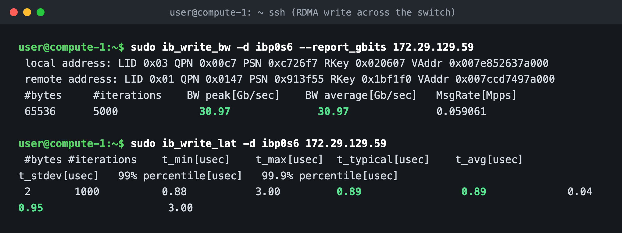 ib_write_bw and ib_write_lat showing queue pair numbers, remote keys, virtual addresses, 30.97 Gb/s and 0.89 microseconds