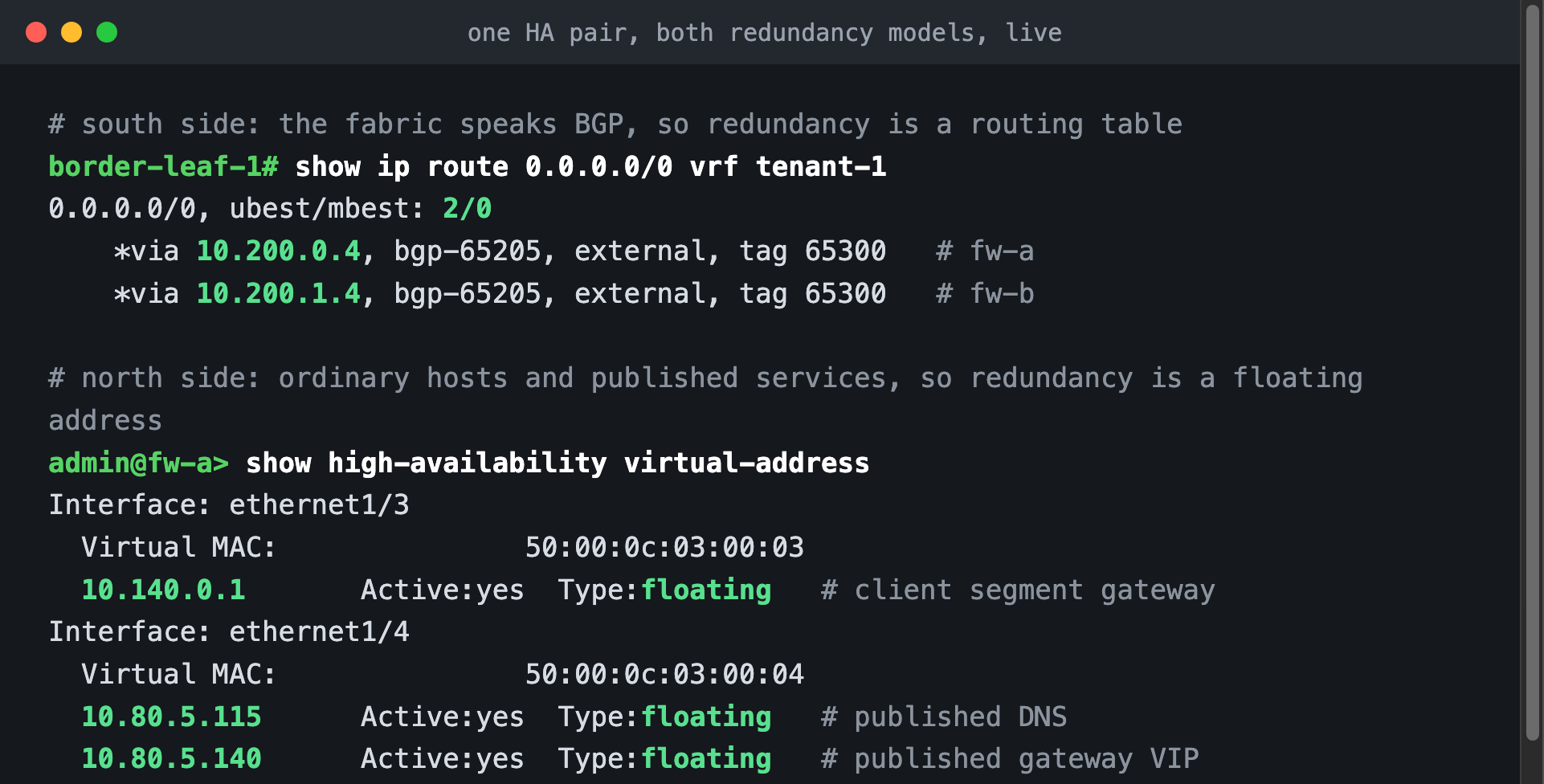 Live evidence: ECMP default route via both firewalls on the fabric side, three floating virtual addresses on the LAN side