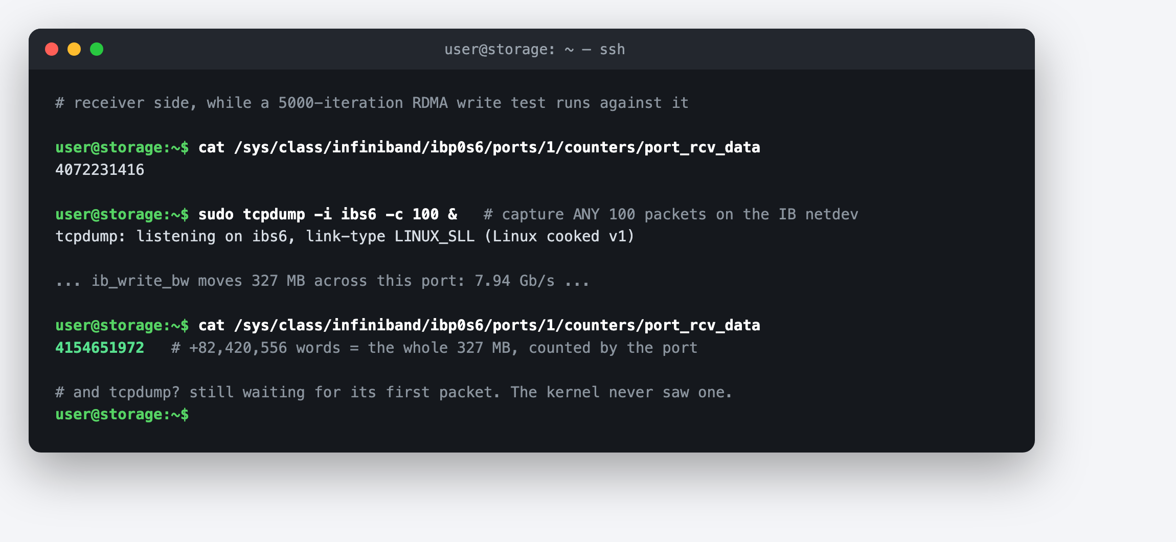 Port counters climbing by 327 MB while tcpdump captures zero packets