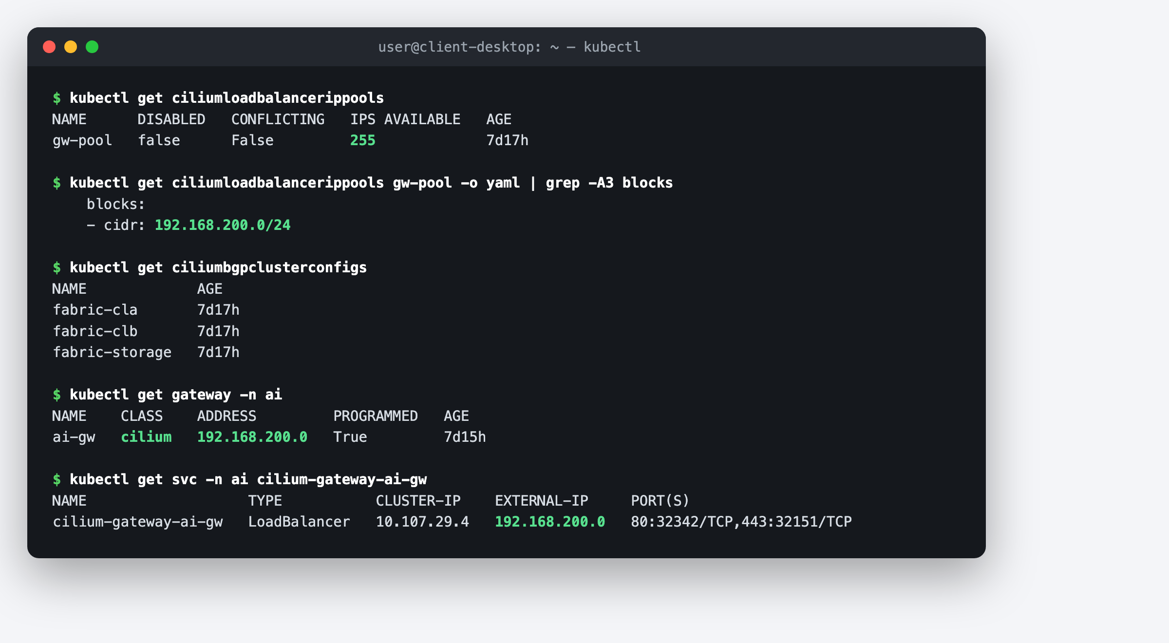 Cilium LB IPAM pool, BGP cluster configs, and the ai-gw Gateway holding VIP 192.168.200.0