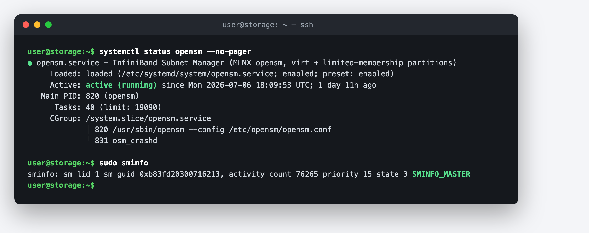 opensm running as a systemd service and sminfo showing SMINFO_MASTER
