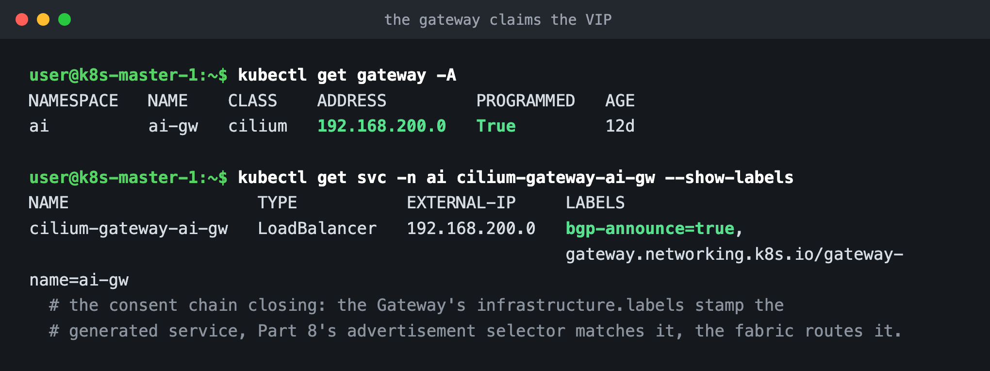 The Gateway programmed at 192.168.200.0 and its generated LoadBalancer service carrying the bgp-announce label