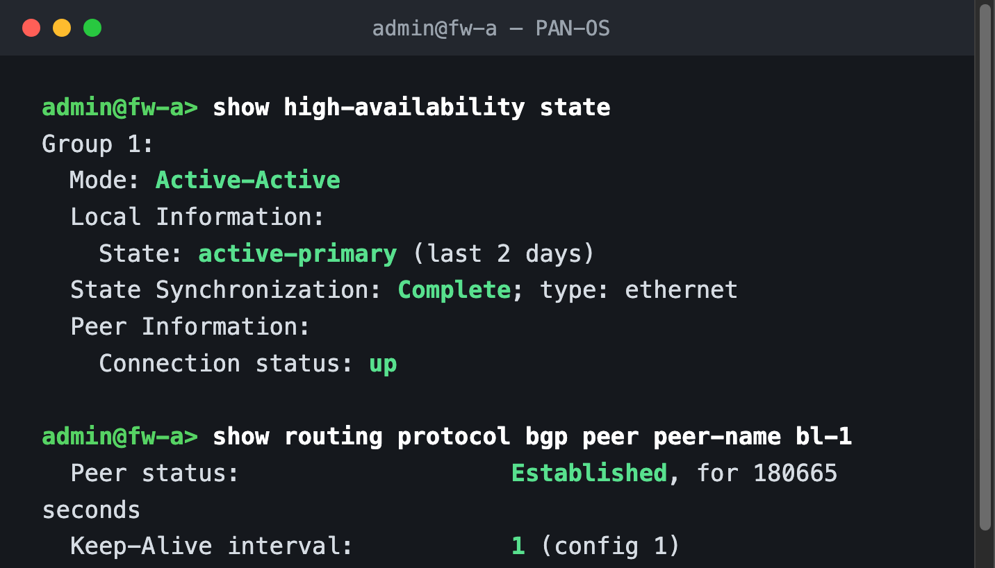 PAN-OS HA state showing Active-Active mode, active-primary state, and complete state synchronization