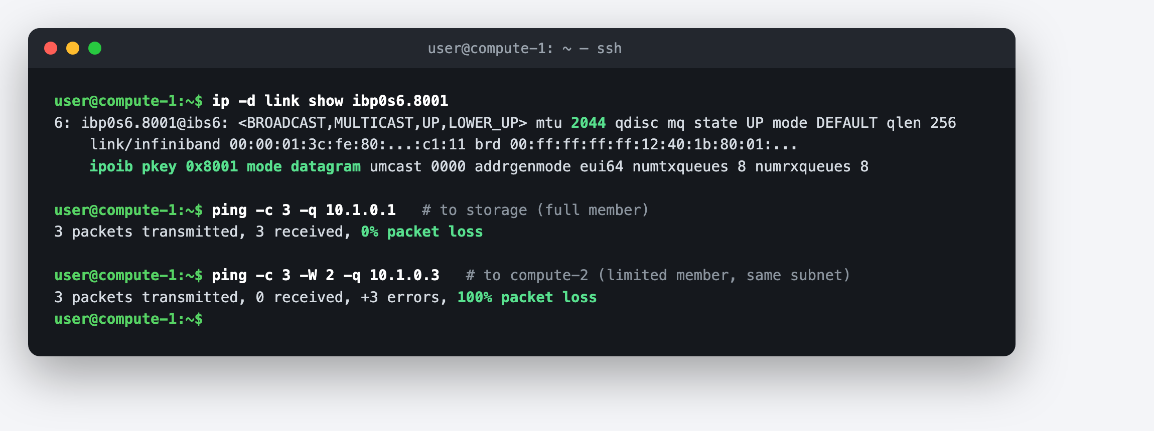 IPoIB child interface with pkey 0x8001 in datagram mode, and the partition enforcing reachability