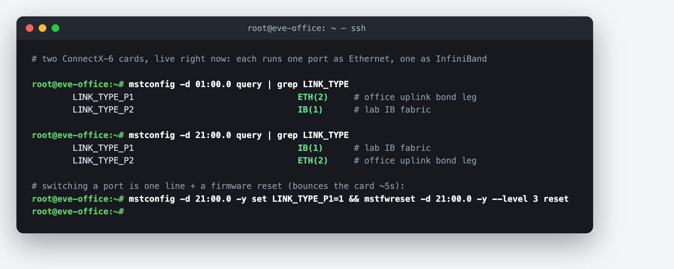 mstconfig showing one port ETH and one port IB on each card, plus the one-liner to switch