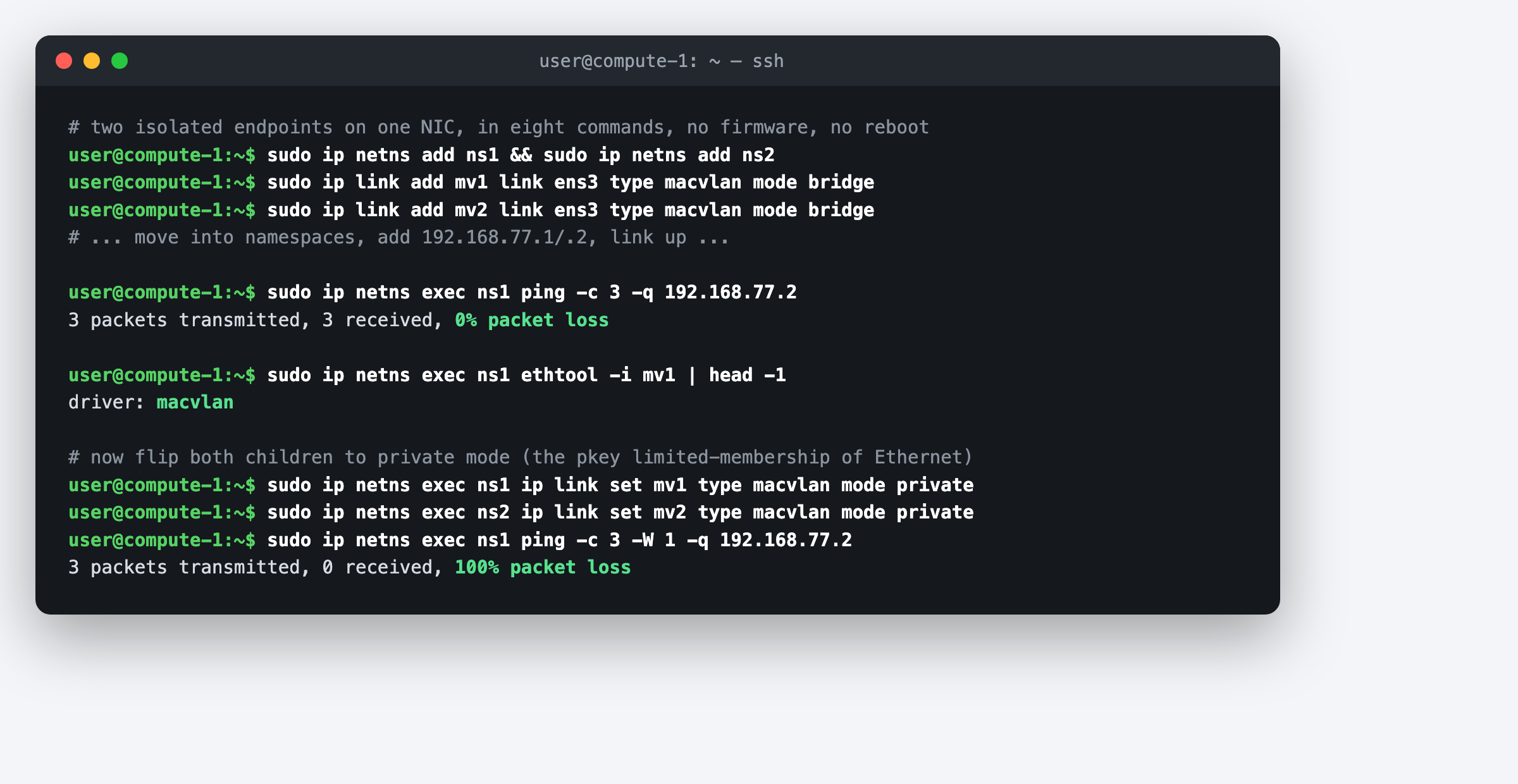 Creating two macvlan children in namespaces, bridge mode passing traffic, private mode blocking it