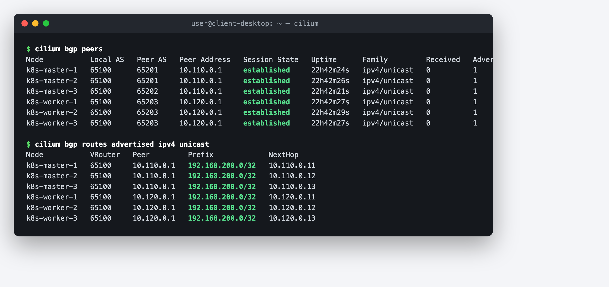 cilium bgp peers showing six established sessions and each node advertising the VIP as a /32