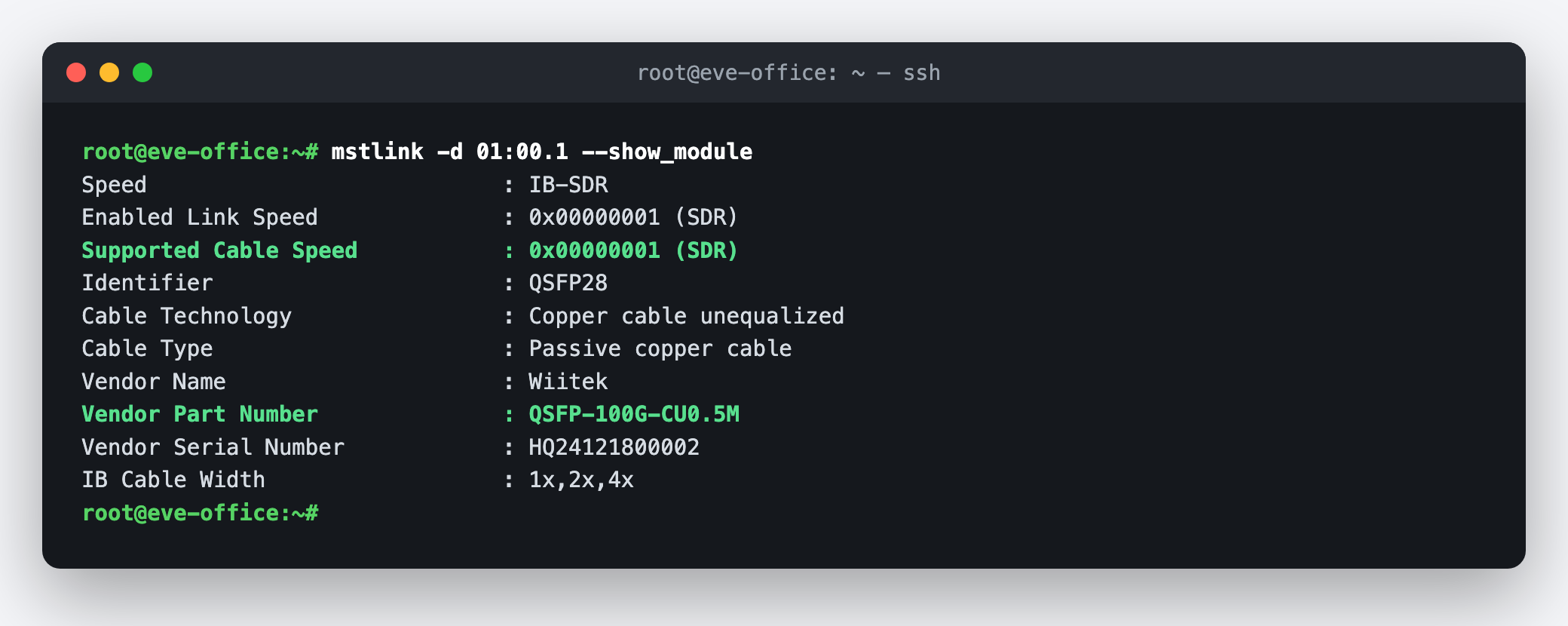 mstlink show_module revealing Supported Cable Speed SDR on a QSFP-100G part