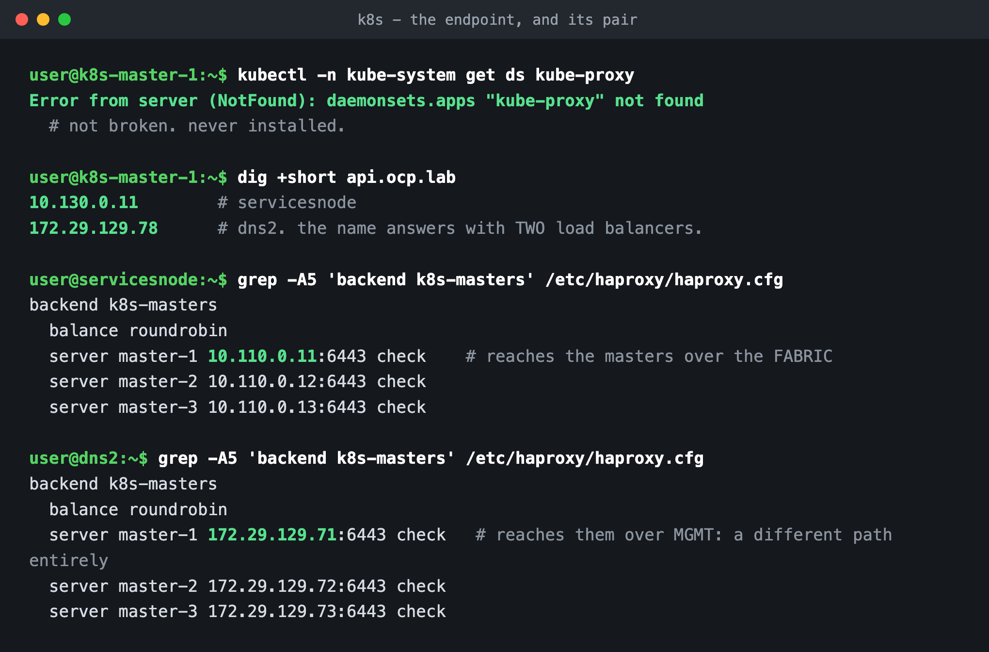 kube-proxy daemonset not found, api.ocp.lab resolving to the services node, and the haproxy backend balancing the three masters with health checks