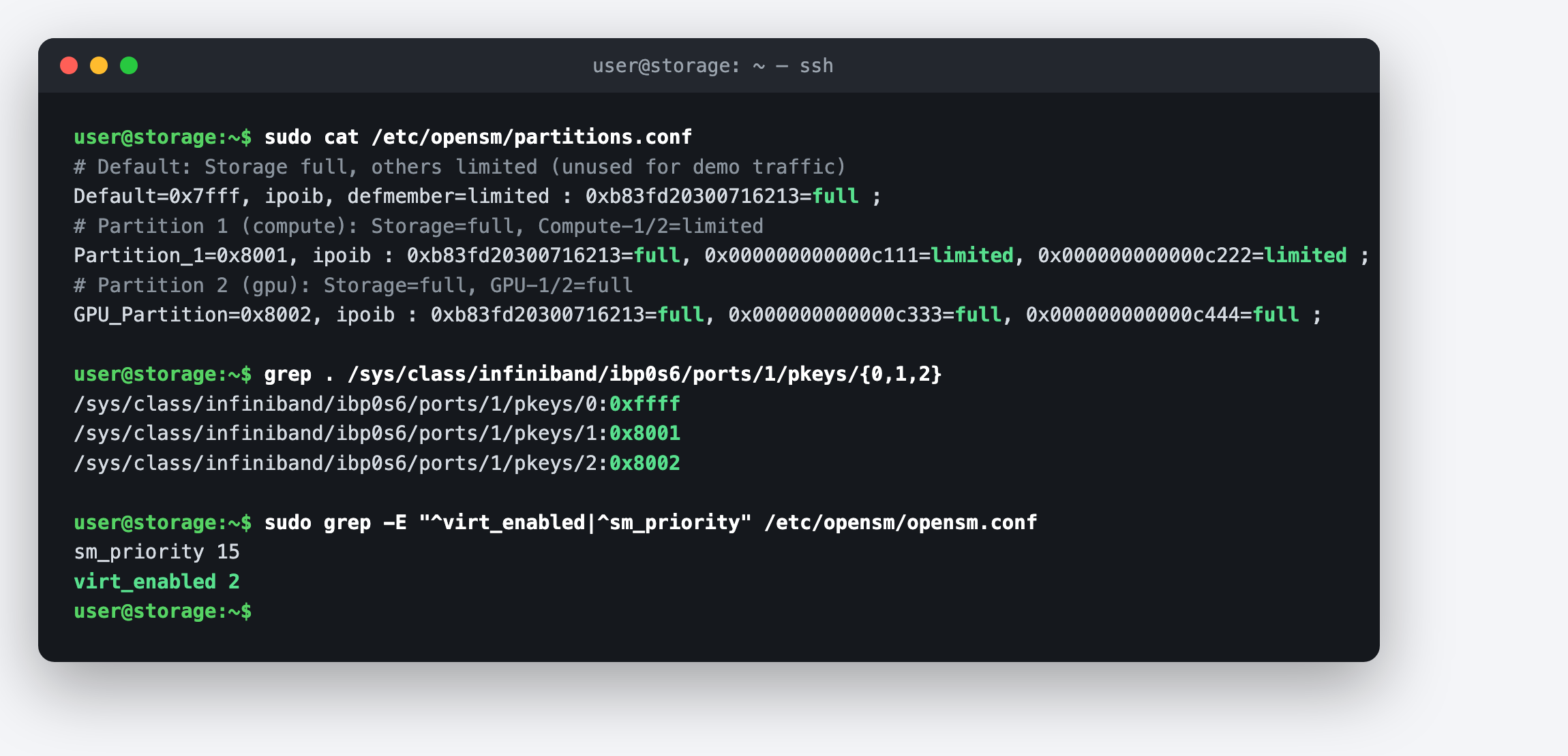 partitions.conf with three partitions, the resulting pkey table, and virt_enabled config