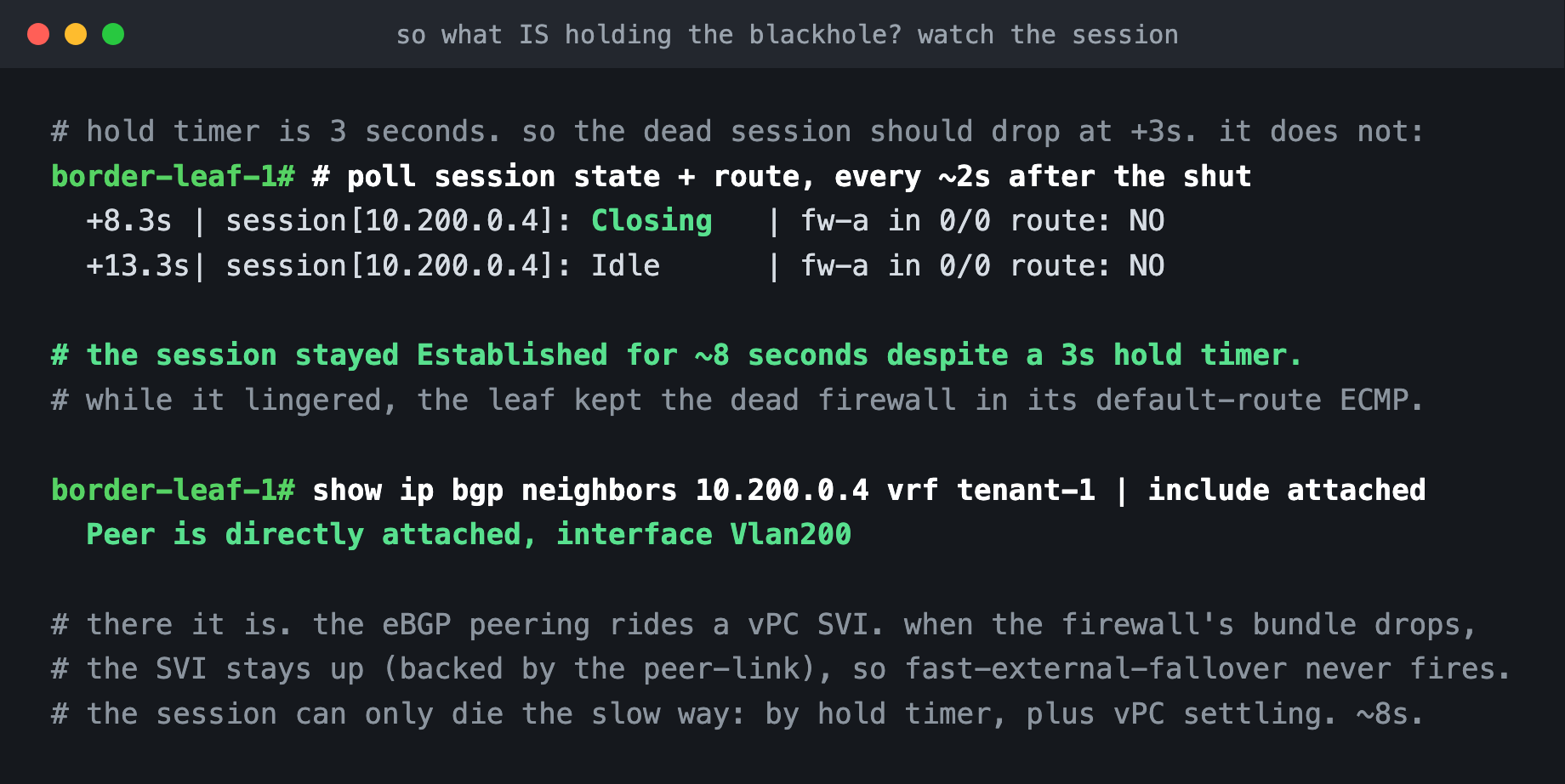 BGP session stayed Established for 8 seconds; peering is over interface Vlan200