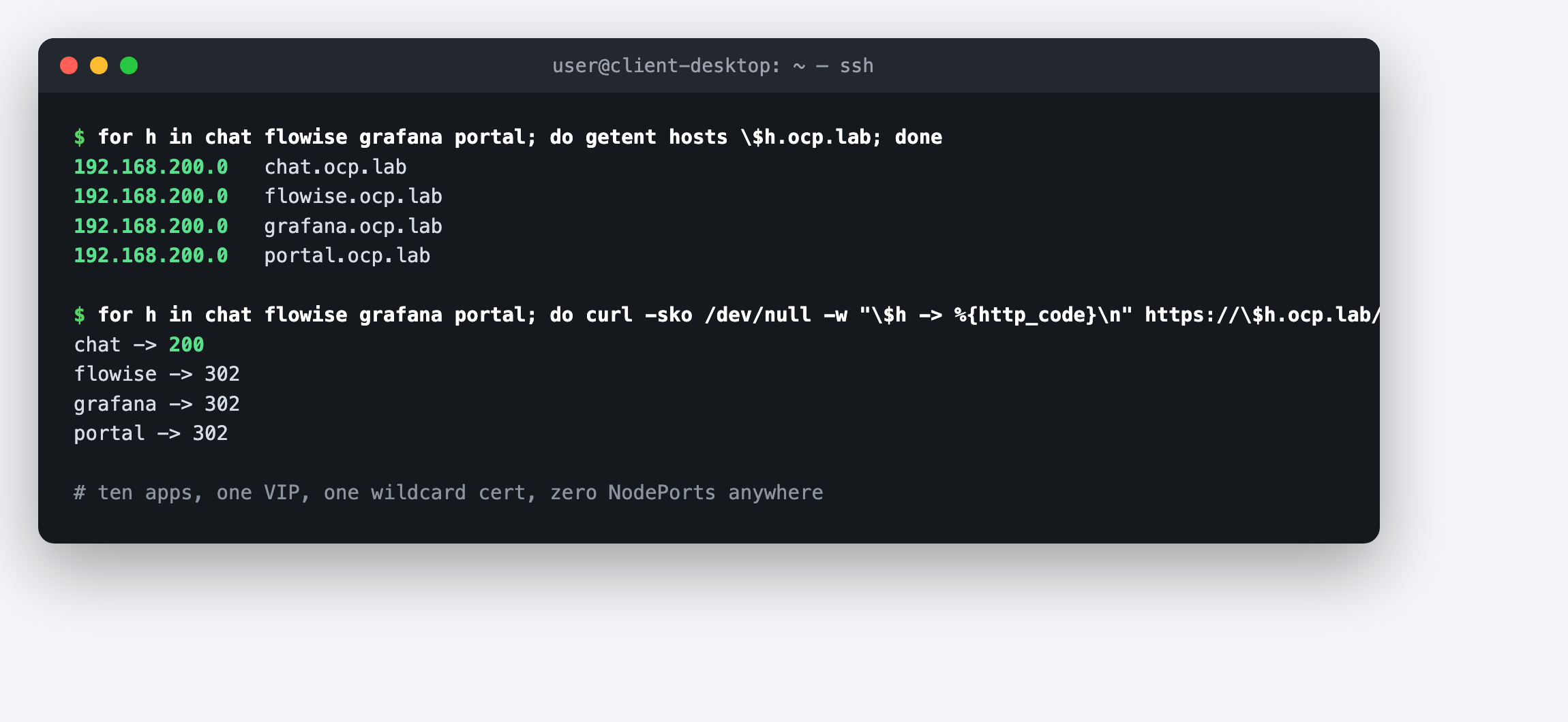 All app hostnames resolving to the single VIP and answering over HTTPS