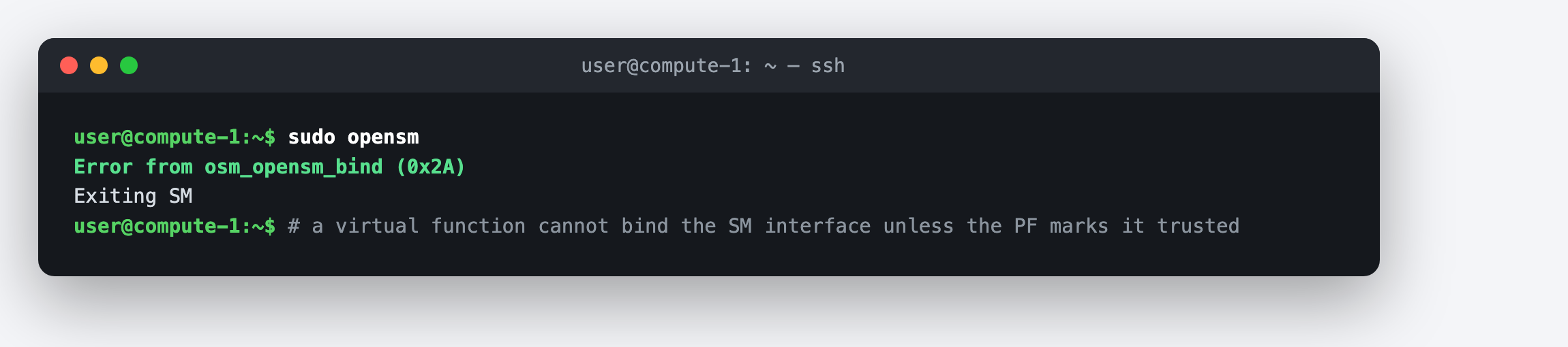 opensm on a virtual function failing with osm_opensm_bind error 0x2A