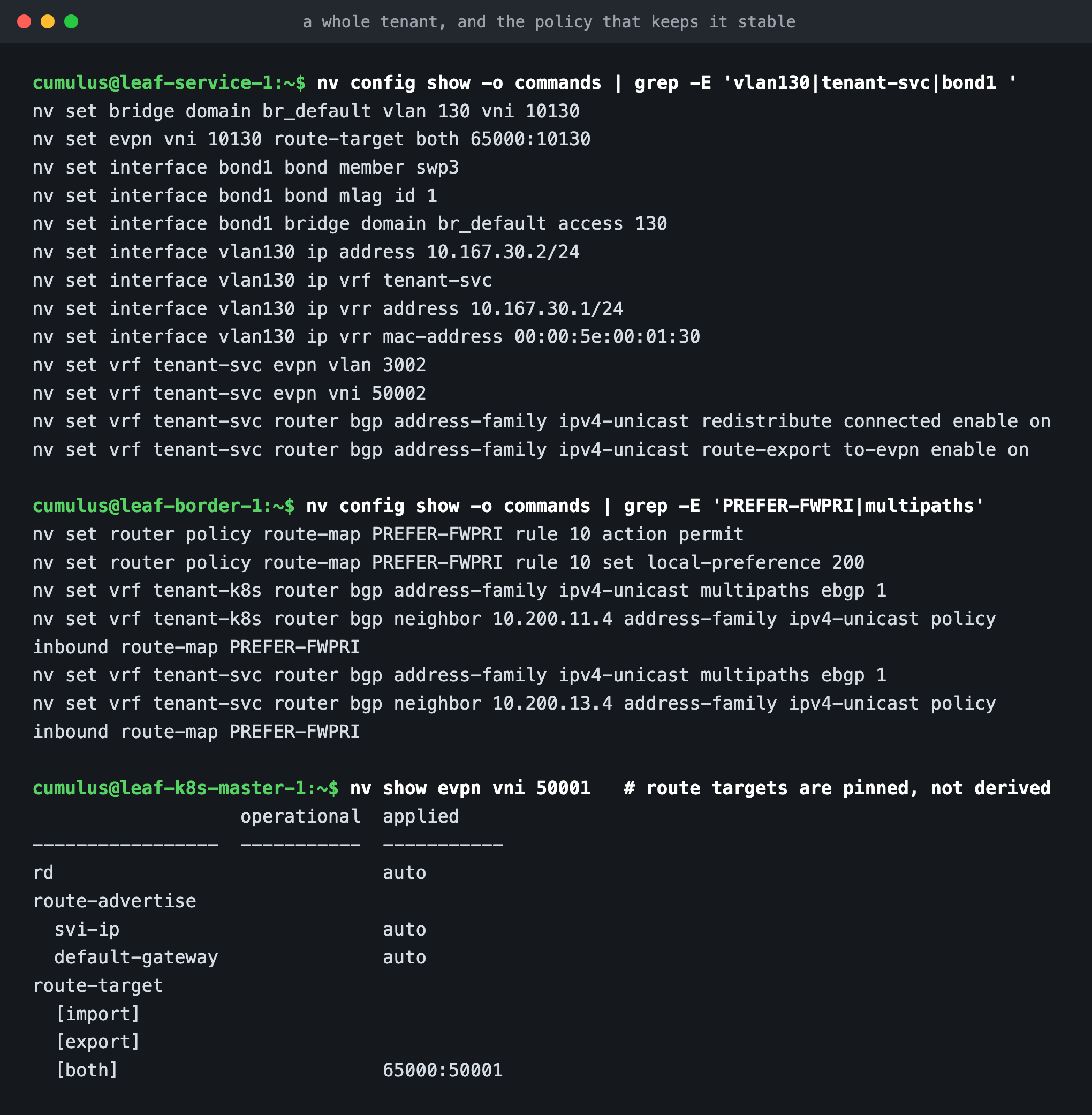 NVUE configuration for a tenant and the BGP local preference policy on the border leaves