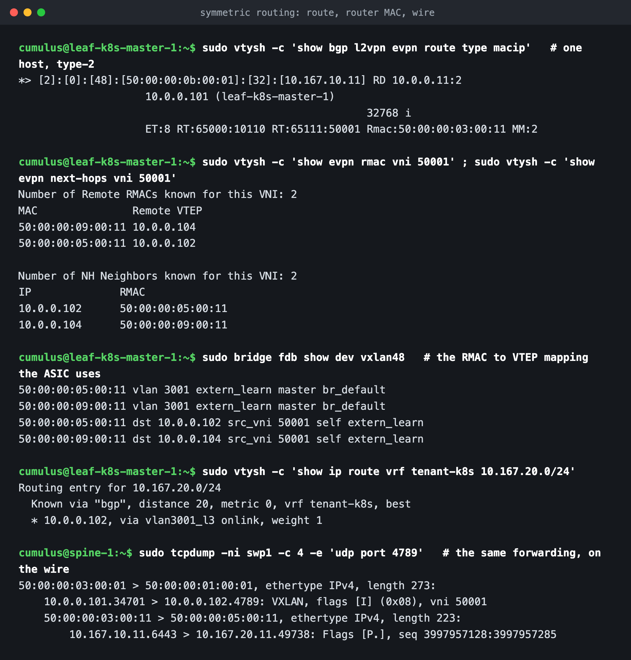 type-2 MAC/IP route with both route targets and the router MAC, the RMAC and next-hop tables, the bridge FDB, the VRF route via the L3VNI SVI, and a VXLAN capture on a spine port