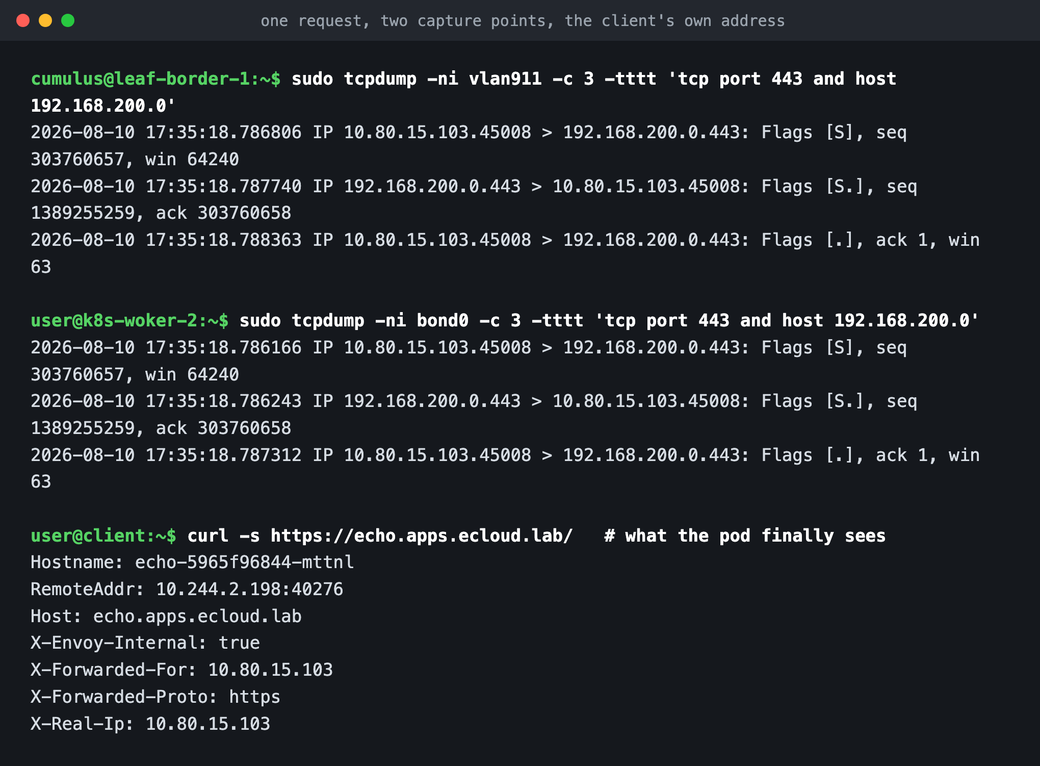 tcpdump on the border leaf transit and on the Kubernetes node, then the headers the pod receives
