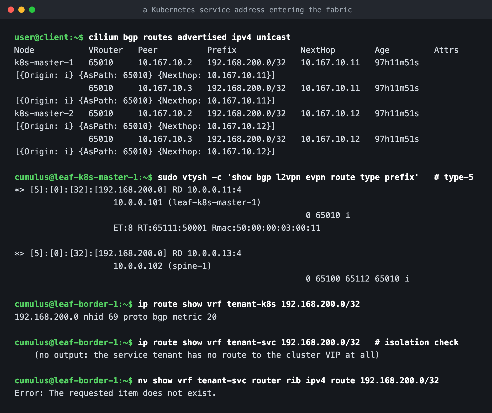 Cilium advertising the LoadBalancer VIP over BGP, the resulting type-5 prefix route, and the border leaf routing tables
