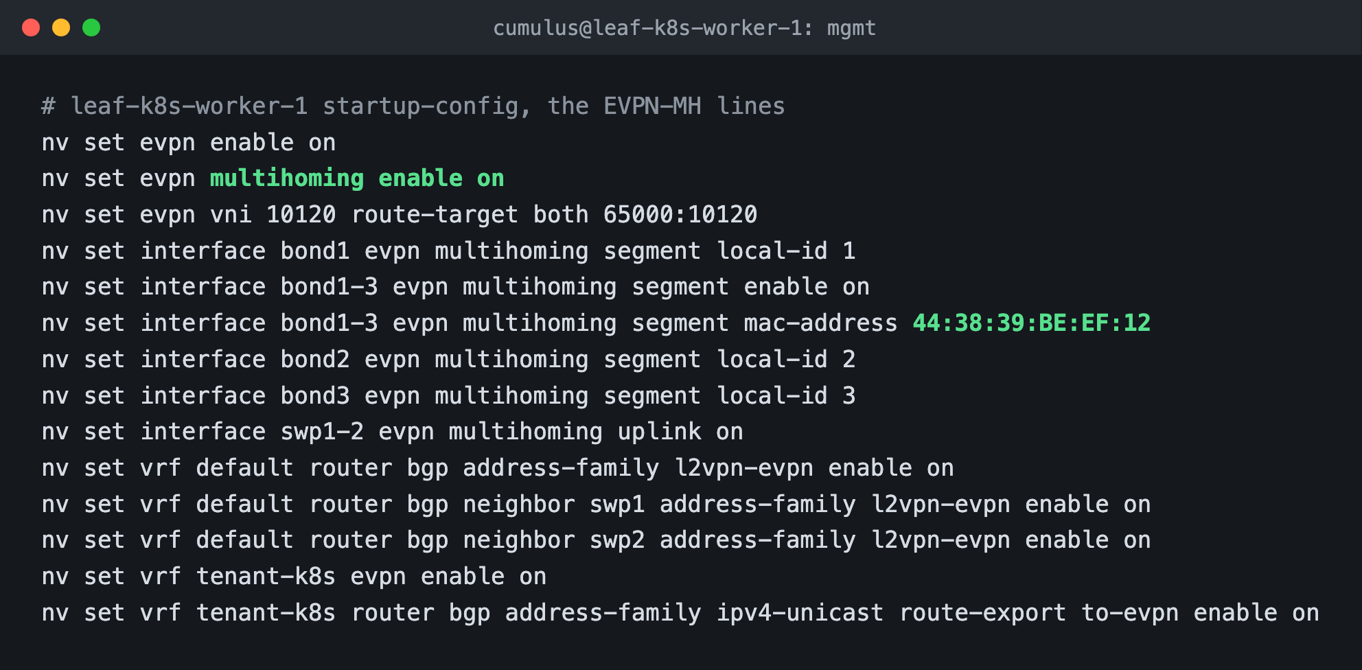 The complete EVPN-MH leaf configuration: multihoming enable, per-bond segment local-id, the shared es-sys-mac and uplink tracking