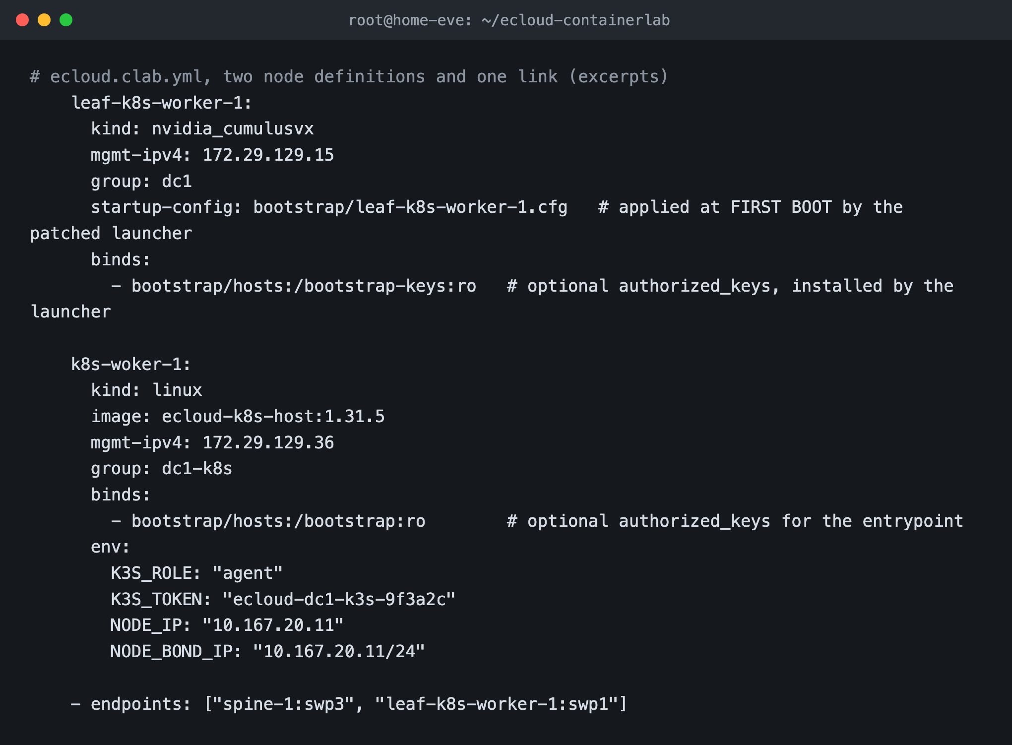 ecloud.clab.yml excerpts: a Cumulus leaf with startup-config and a k8s host node with its role, token and IPs as env vars