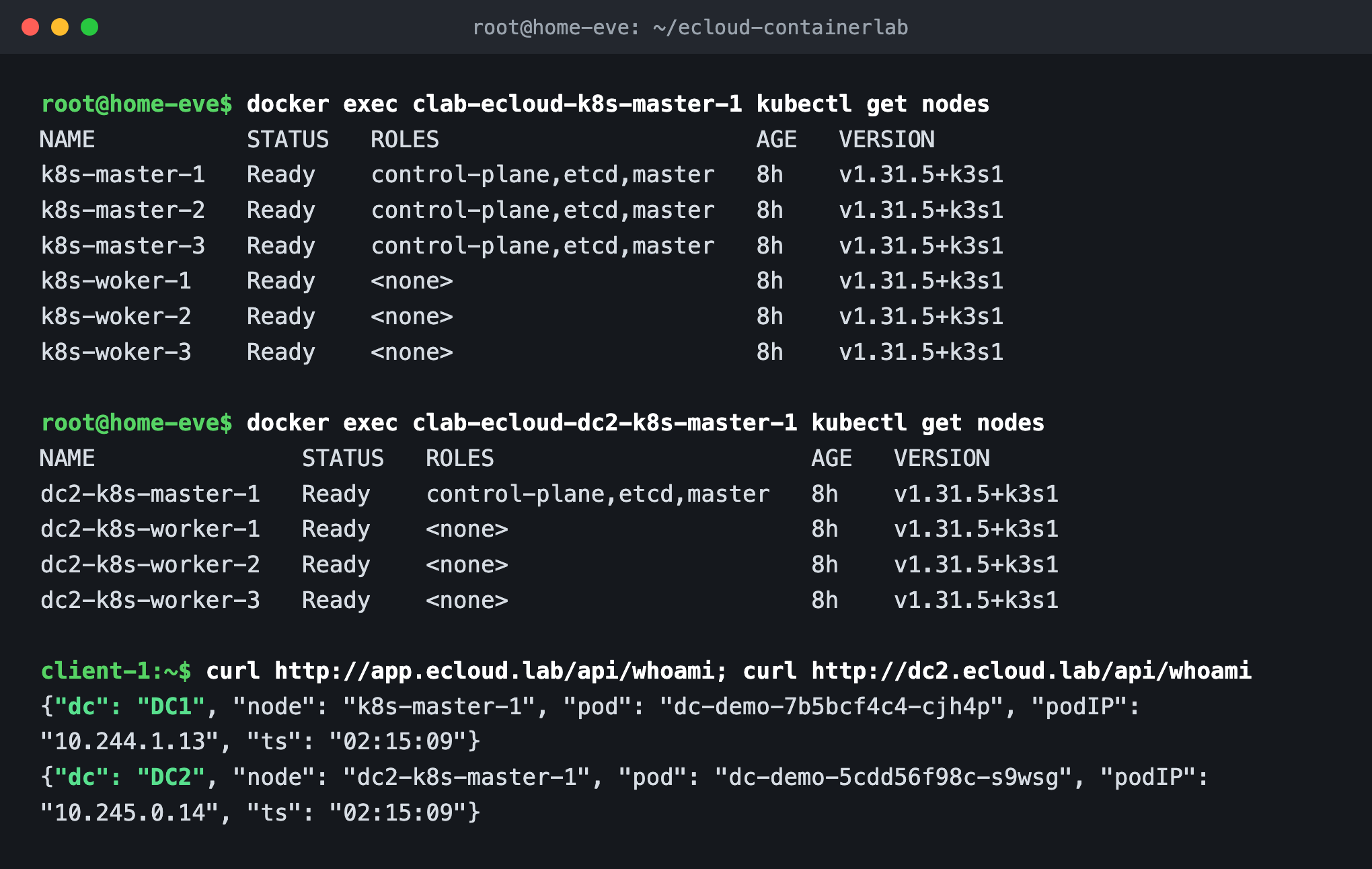 Both clusters Ready and client-1 curling the app by DNS name, answered by DC1 and DC2