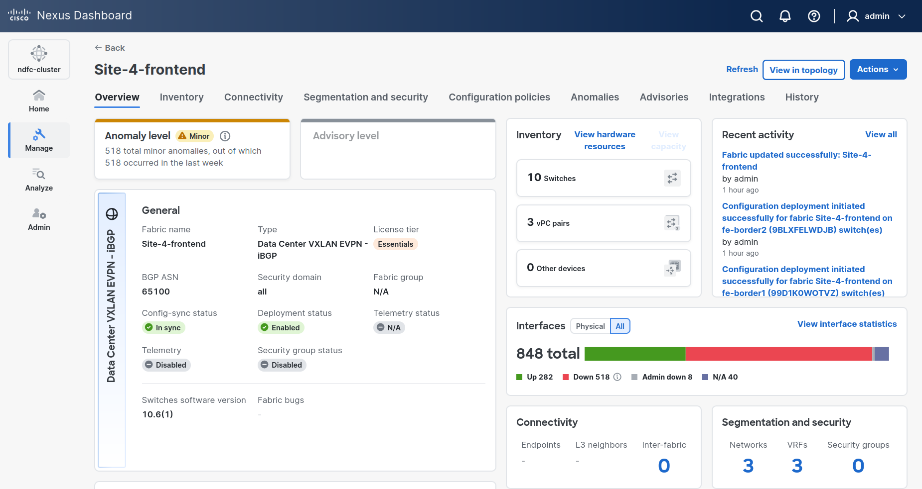 Nexus Dashboard fabric overview for Site-4-frontend: type Data Center VXLAN EVPN iBGP, BGP ASN 65100, config-sync status In sync, deployment Enabled, software version 10.6(1), inventory 10 switches and 3 vPC pairs, 3 networks and 3 VRFs, 848 interfaces with 282 up and 518 down.