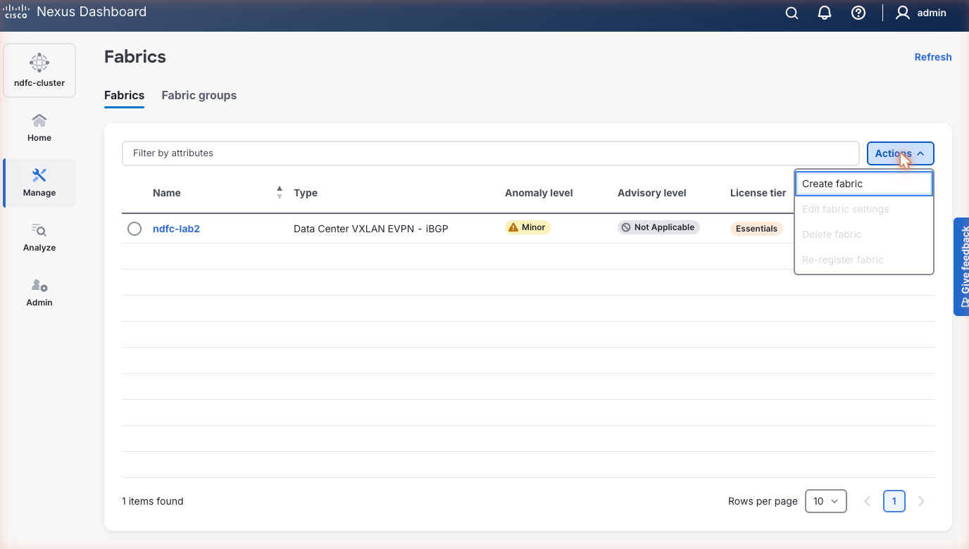 Fabrics page with the Actions menu open and Create fabric highlighted; the table already lists ndfc-lab2.