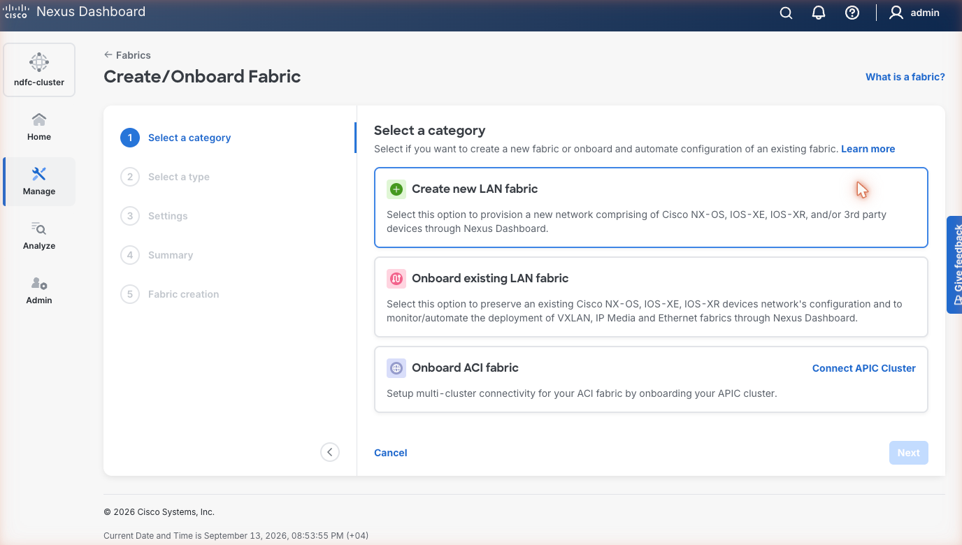 Create/Onboard Fabric wizard, Select a category: Create new LAN fabric selected, with Onboard existing LAN fabric and Onboard ACI fabric as the other tiles.