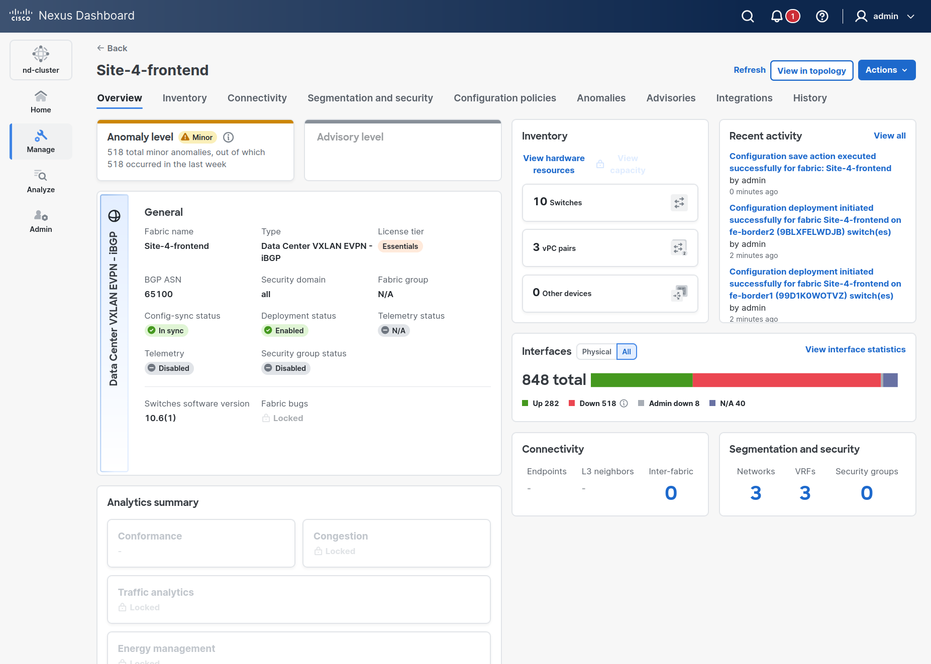 Nexus Dashboard fabric overview for Site-4-frontend: Data Center VXLAN EVPN iBGP, BGP ASN 65100, config-sync In sync, deployment Enabled, software 10.6(1), 10 switches, 3 vPC pairs, 3 networks, 3 VRFs, 848 interfaces with 282 up and 518 down.