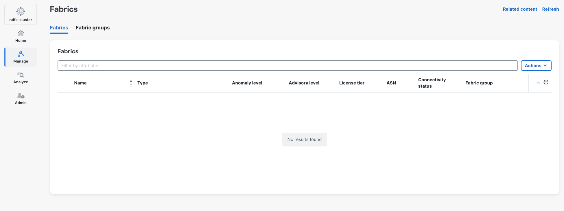 Manage, Fabrics page showing No results found.